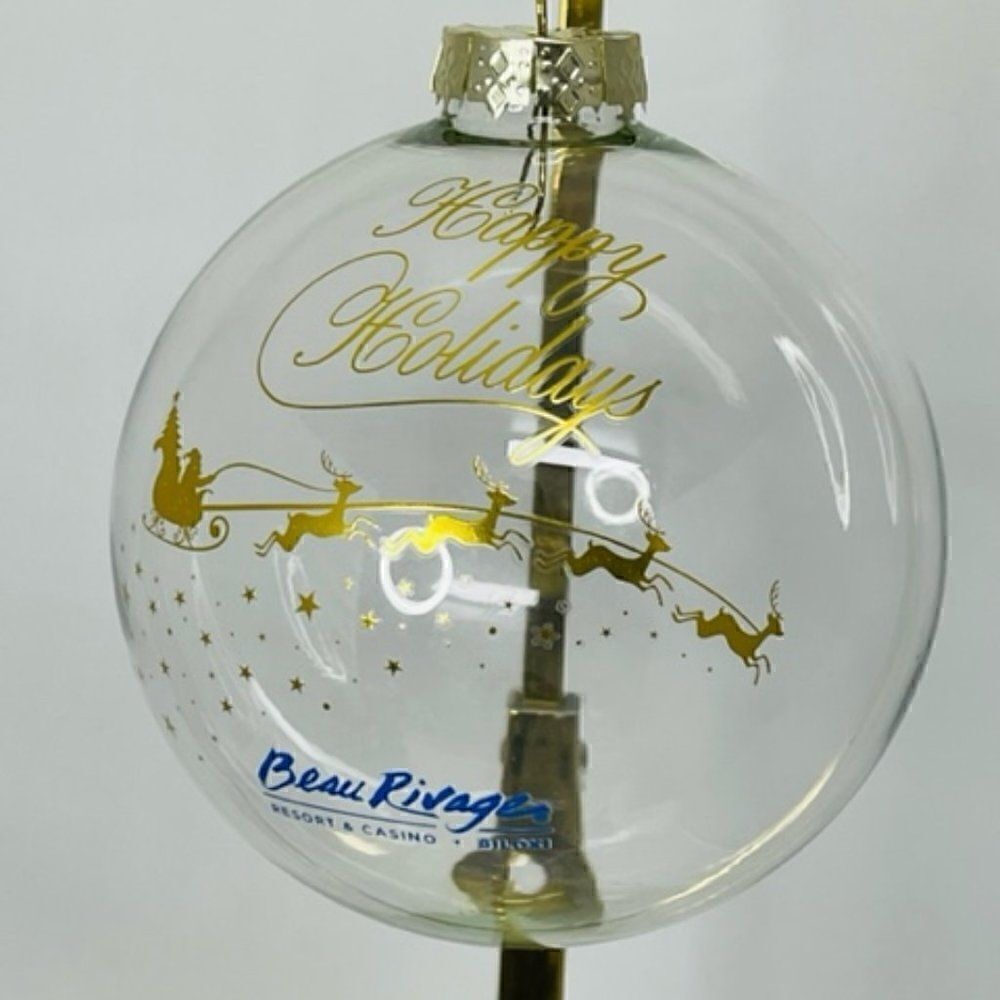 Beau Rivage Clear Glass Ball Ornament Santa Sleigh Gold New in gift box.   Bilox